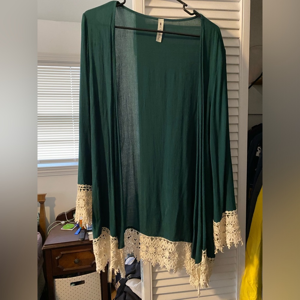 Green Kimono Cardigan with crochet Trim